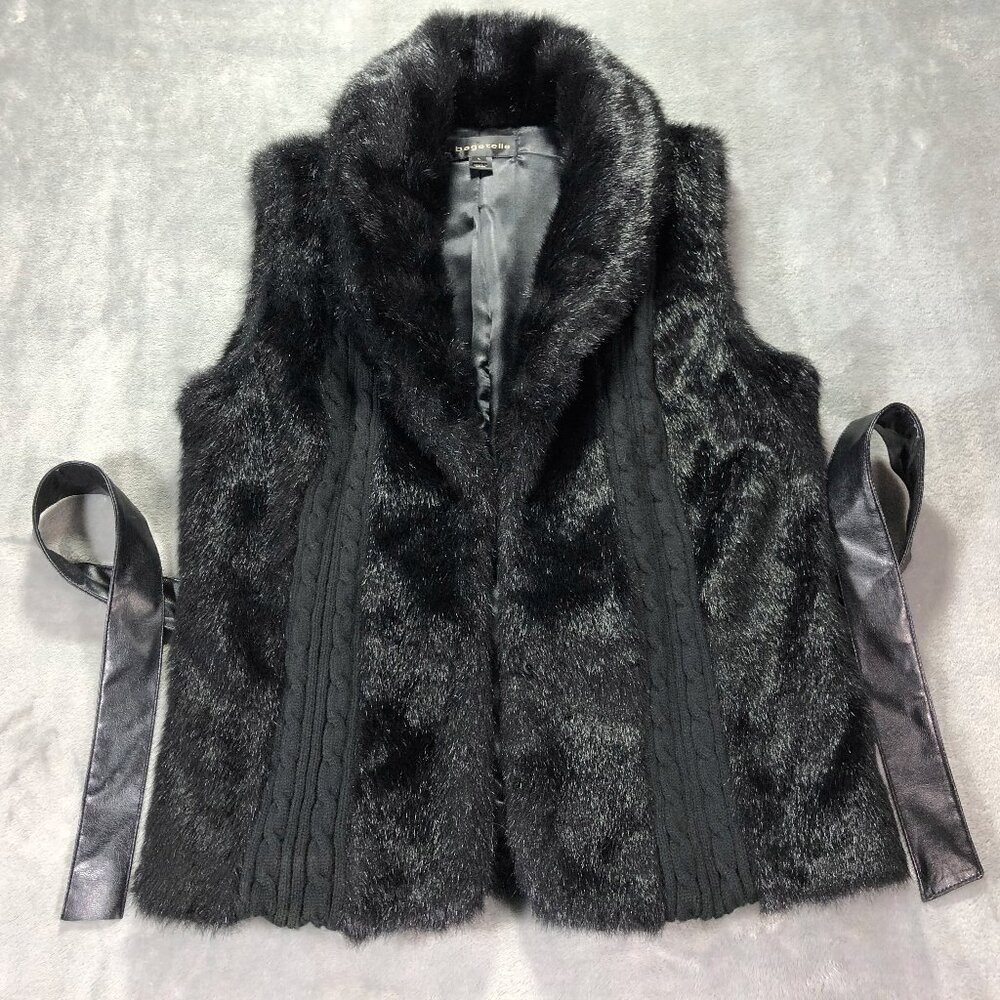 Bagatelle Black Soft Faux Fur Vest Women's Large with Belt and Cable Knit- Excel